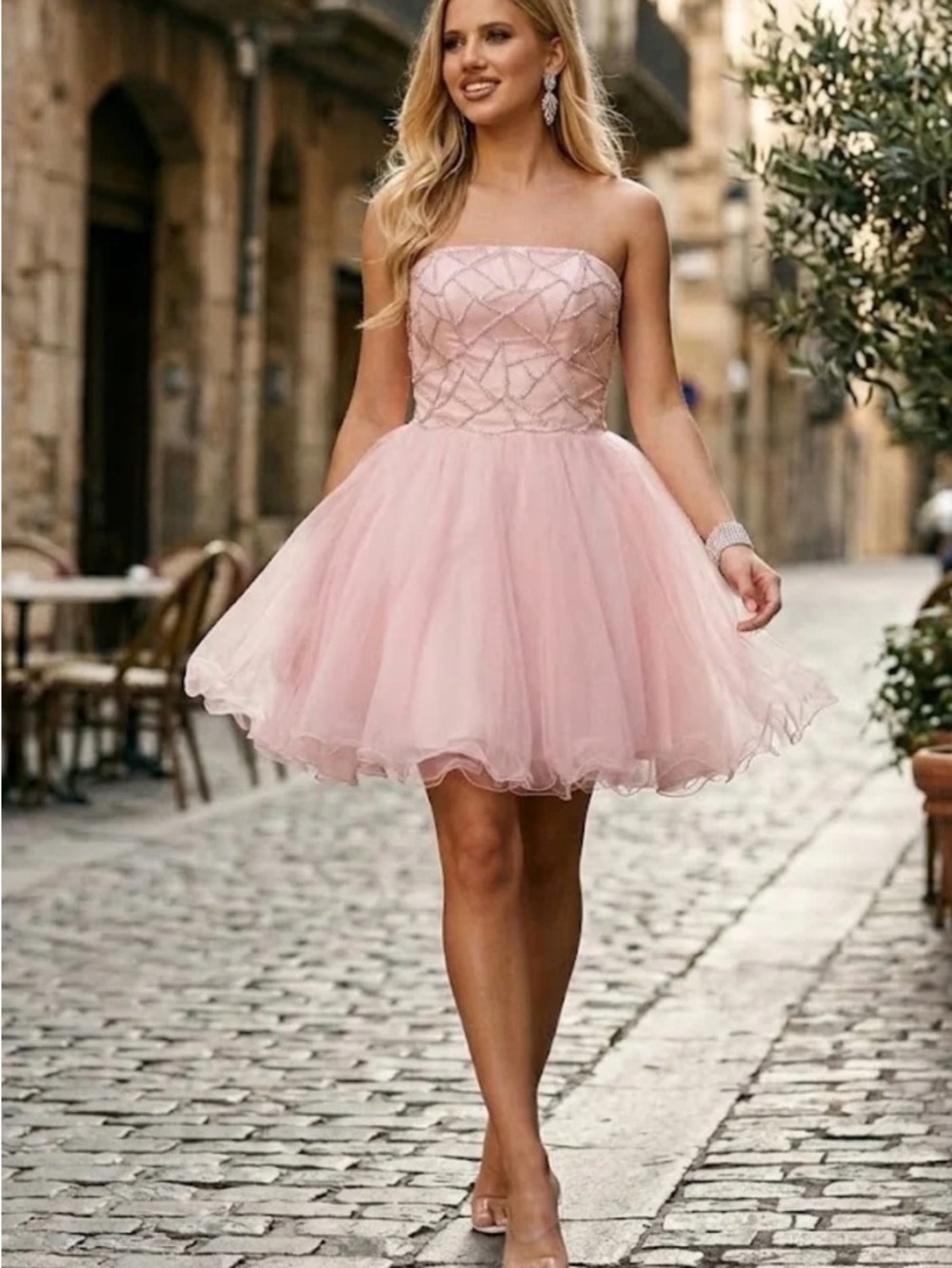 Terani Couture 231P0565 Strapless Blush Pink Beaded Tulle Mini Dress